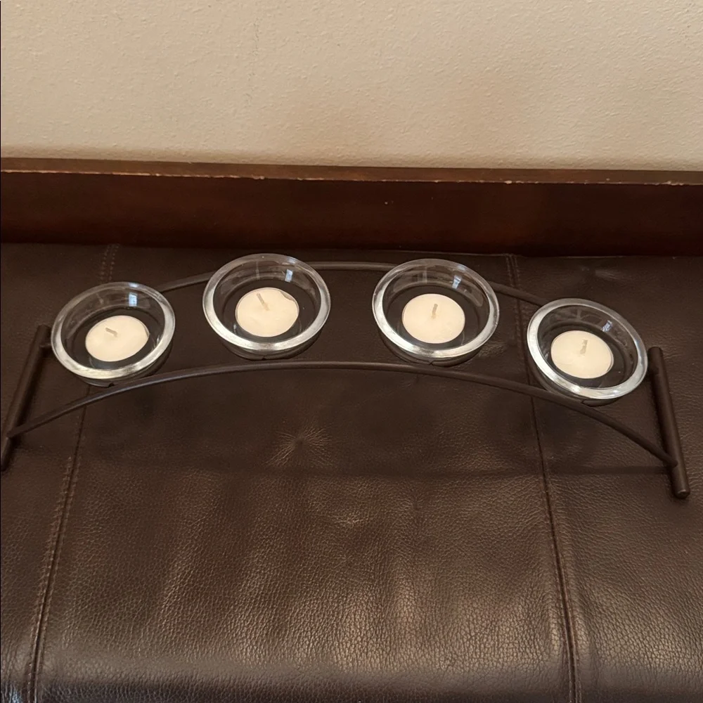Votive or Tea Light Candle Holder w/4 Glass Cups on an Arched Metal Holder